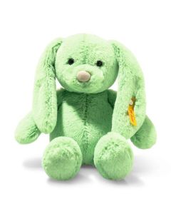Steiff's Soft Cuddly Friends Green Tilda Rabbit has a soft green plush exterior with safety eyes and an embroidered nose.