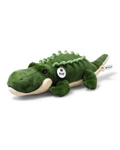 Steiff's Teddies for Tomorrow Rocko Crocodile, 40 cm is made out of soft cuddly plush from recycled PET bottles.