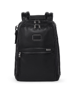 TUMI's Alpha 3 Black Leather Slim Backpack has a padded compartment to store up to a 14" laptop.