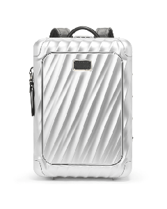 This TUMI 19 Degree Aluminium Backpack Silver has leather accents such as the straps and patch. 