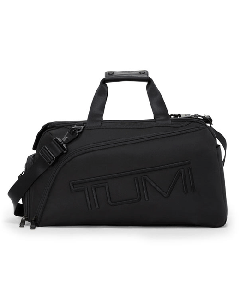 TUMI's Alpha 3 Golf Duffel Bag in Black has the logo on the front.
