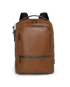 TUMI's Harrison Bradner Leather Backpack, Cognac Brown has a front zip pocket and a rear pocket for exterior organisation.
