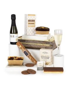 Tea & Bubbles Hamper with a wooden crate.