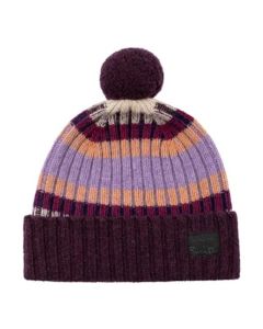 This Freya Stripe Knit Purple Lambswool Beanie Hat by Paul Smith has been made out of lambswool with a fleece pompom at the top.