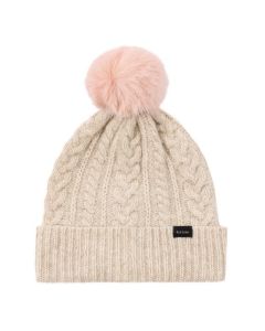 This Paul smith Women's Beige Wool Cable Knit Pom-Pom Beanie Hat has a faux fur pom-pom at the top in a light pink shade to contrast.