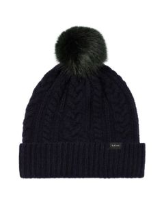 Women's Navy Wool Cable Knit Pom-Pom Beanie Hat