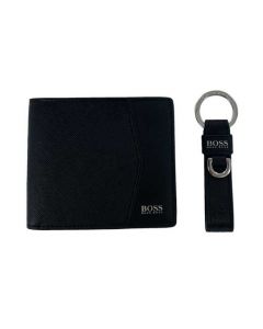 This Hugo Boss gift set contains a black leather wallet and black leather keyring.