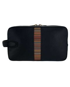 This Paul Smith black leather wash bag comes with a signature stripe on the front and back.