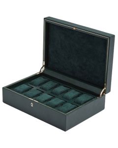 The WOLF 1834 Green British Racing 10 Piece Watch Box has been lined with green ultrasuede. 