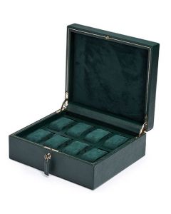 The WOLF 1834 Green British Racing 8 Piece Watch Box has been lined with green ultrasuede. 