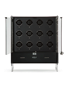 This Wolf Regent 12PC Watch Cabinet Winder is made out of wood and glass. 
