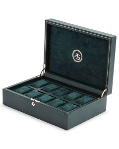 The WOLF 1834 Green Analog/Shift Vintage 8 Piece Watch Box features stamping internally. 