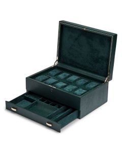 The WOLF 1834 Green British Racing 10 Piece Watch Box with Storage has room for jewellery pieces. 