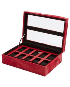 The WOLF 1834 Red Memento Mori 10 Piece Watch Box features chrome hinges.