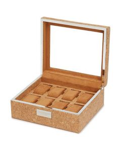 The WOLF 1834 Natural Cork Analog/Shift 1976 8 Piece Watch Box features a glass cover. 