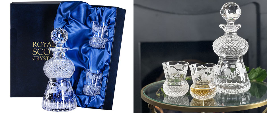 Royal Scot Crystal Flower of Scotland Thistle Shape Whisky Set