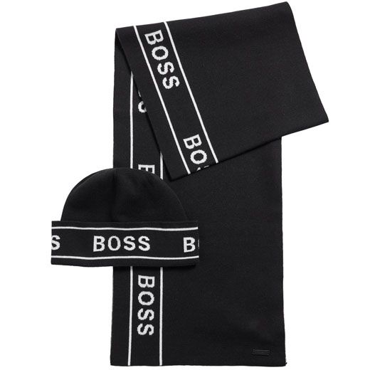 BOSS Black Cotton Hat & Scarf Set with Logo Artwork