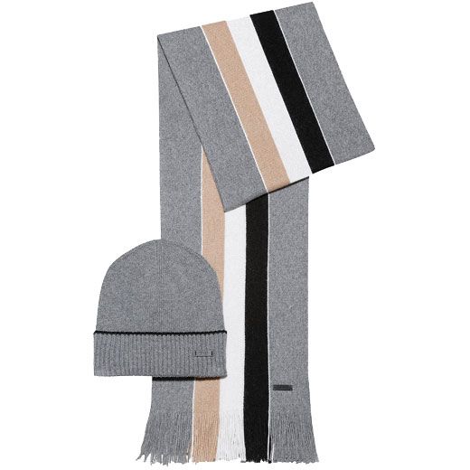 BOSS Grey Wool Signature Stripe Hat & Scarf Set