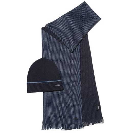 BOSS Navy Virgin Wool Hat & Scarf Set with Light Blue Details