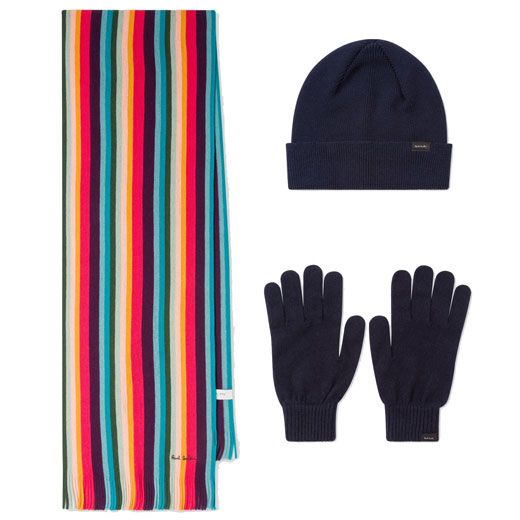 Paul Smith Men's Artist Stripe Scarf, Navy Gloves & Hat Gift Set