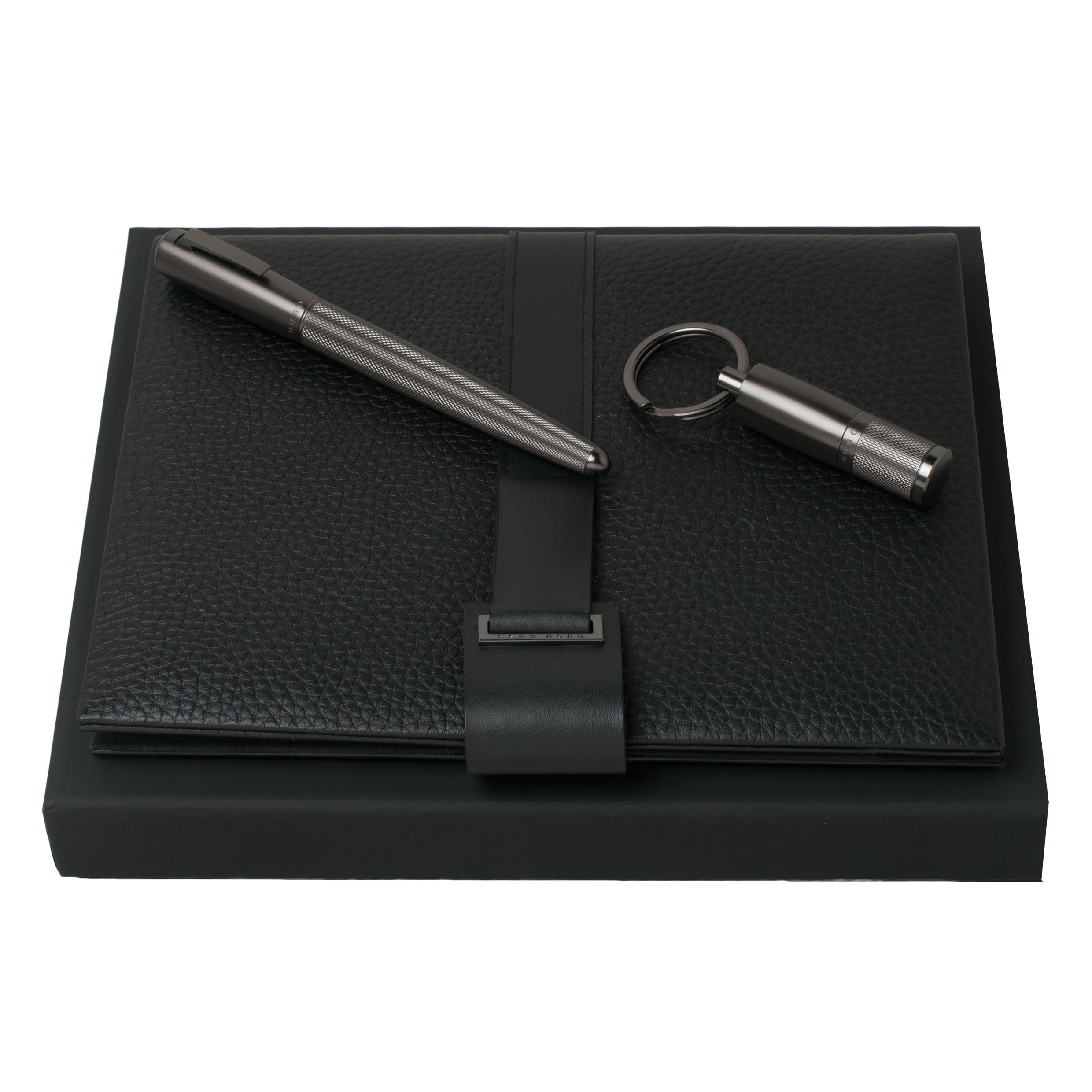 A5 Textured Leather Folder with Rollerball Pen and USB Keyring