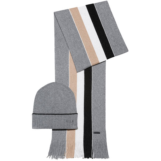 Grey Wool Signature Stripe Hat & Scarf Set