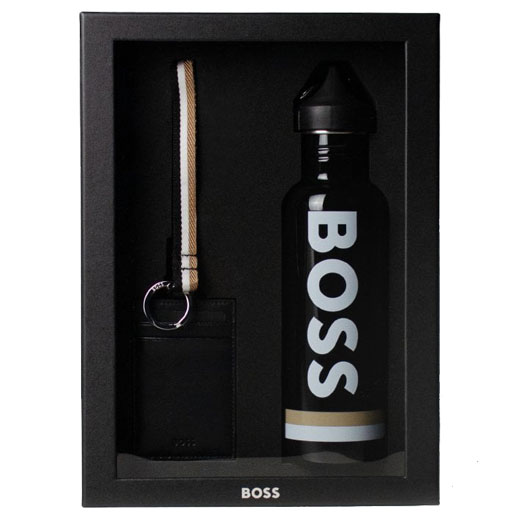 Black Signature Stripe Water Bottle & Card Holder Gift Set