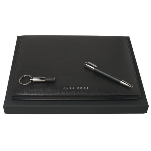 A4 Black Leather Folder, Ballpoint and Keyring Set