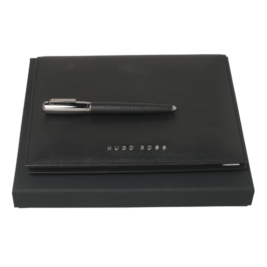 A5 Black Leather Folder and Rollerball Pen Set