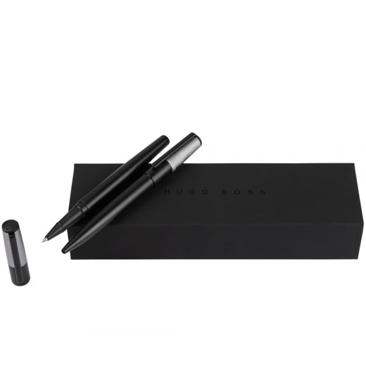 Black & Chrome Gear Minimal Ballpoint & Rollerball Pen Set