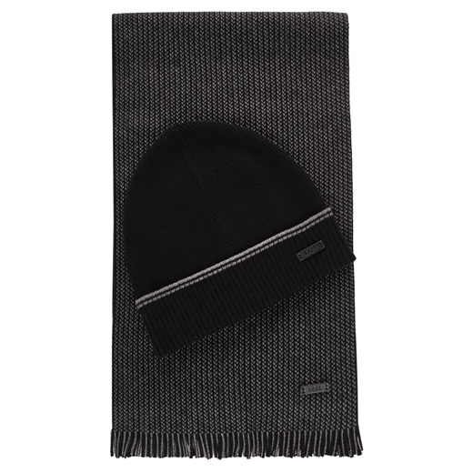 Black Grey Cotton Beanie Hat & Scarf Set