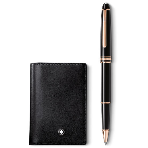 Meisterstück Black Business Card Holder & Rose Gold-Coated Classique Rollerball Pen Set