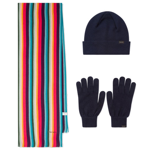 Men's Artist Stripe Scarf, Navy Gloves & Hat Gift Set