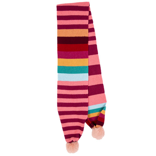 Pink Stripe Knitted Wool Pom-Pom Scarf