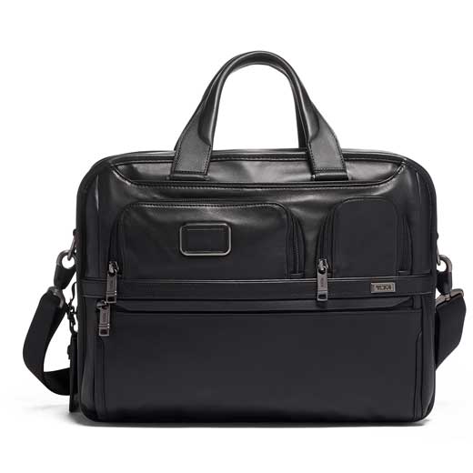 Black Leather Alpha 3 Expandable Laptop Briefcase